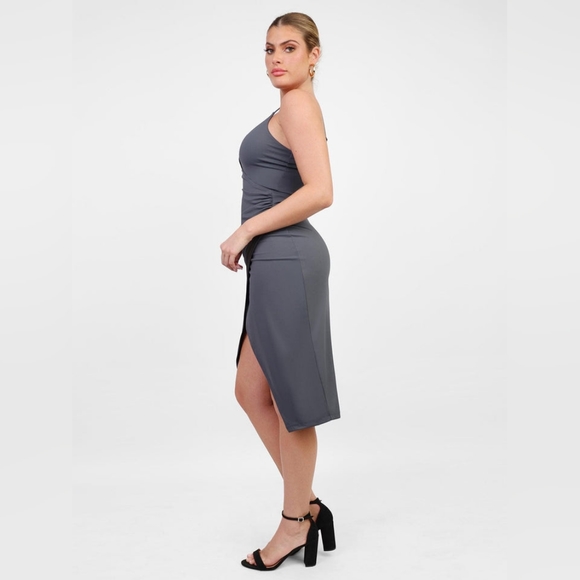 Built-In Shapewear Slip V-Neck Split Midi Dress - Picture 2 of 6